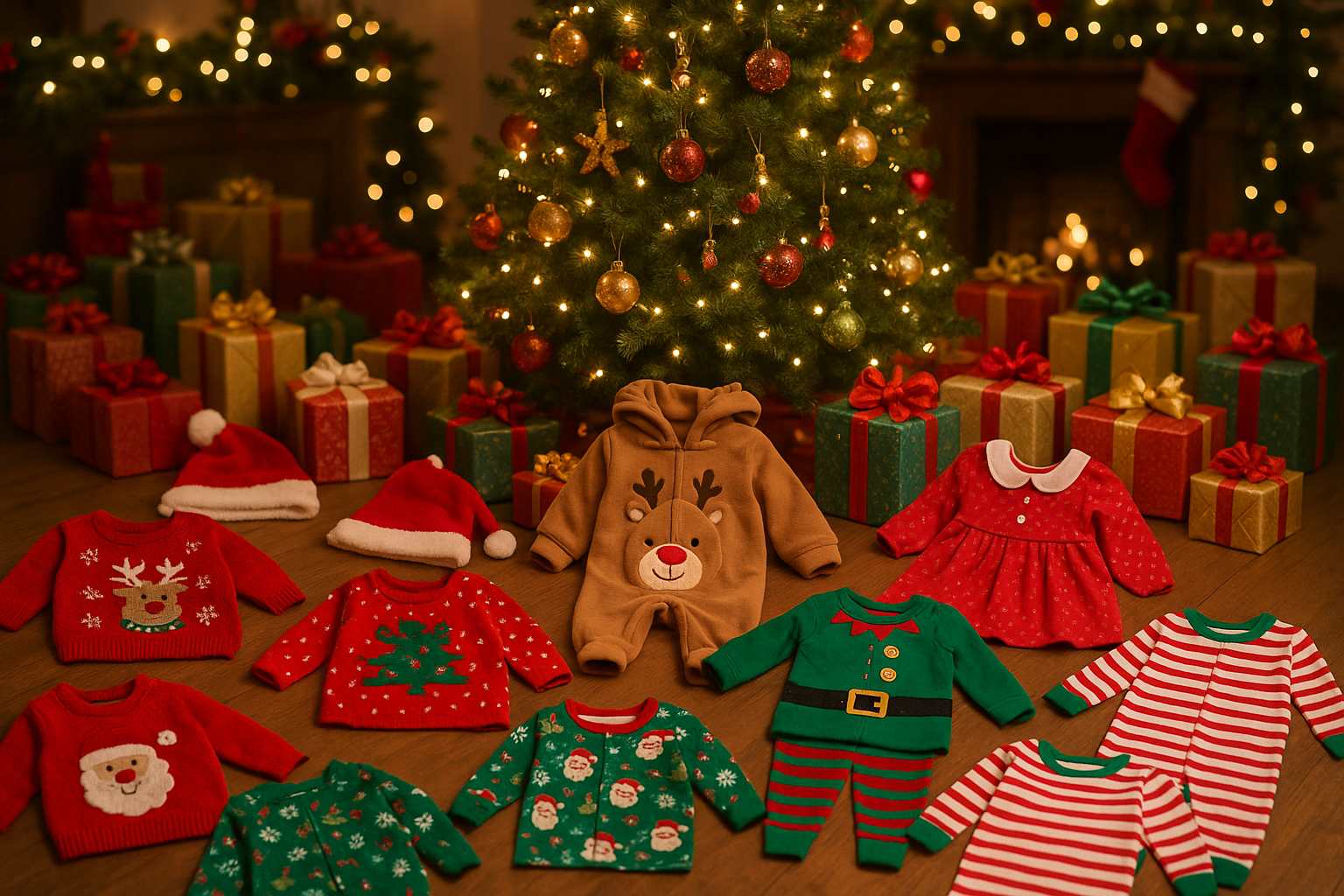 immagine con tanti capi di abbigliamento per bambini natalizi sotto l'albero di natale con tanti pacchi regalo 